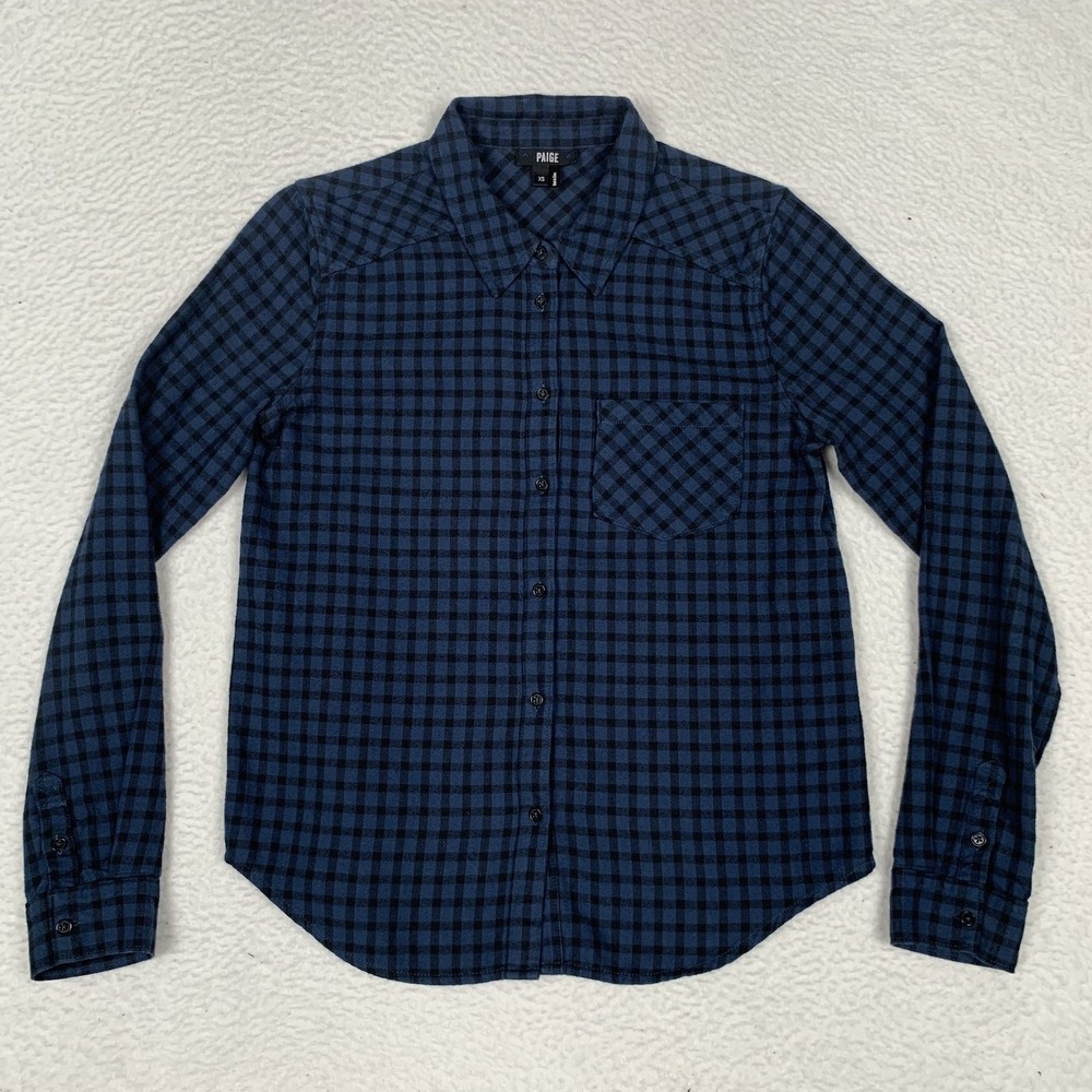 Paige Button Up Shirt Womens XS Long Sleeve Plaid Check Casual 100% Cotton Blue